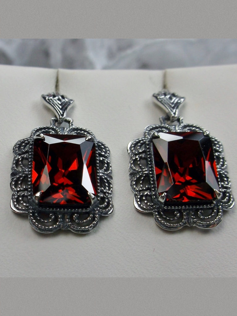 Garnet Cubic Zirconia Earrings, Rectangle gemstones edged with fine lace filigree detail accenting the lovely brilliant garnet colored stone,  Garnet CZ earrings