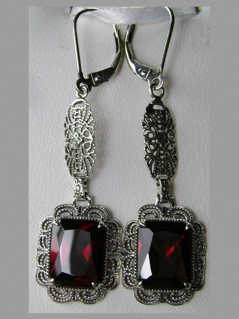 Garnet Cubic Zirconia Earrings, Rectangle gemstones edged with fine lace filigree detail, suspended from a lovely sterling silver filigree element with accenting detail, Garnet CZ earrings