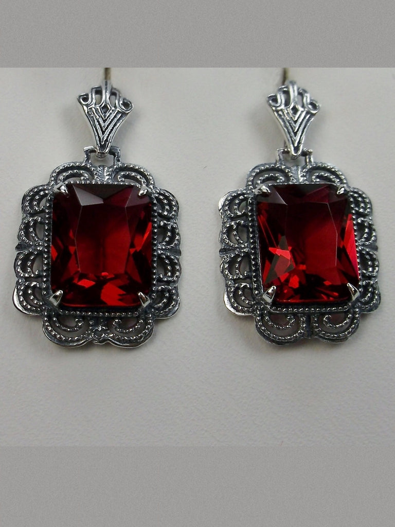 Ruby Earrings, Rectangle gemstones edged with fine lace filigree detail accenting the lovely red ruby colored stone, Red Ruby earrings