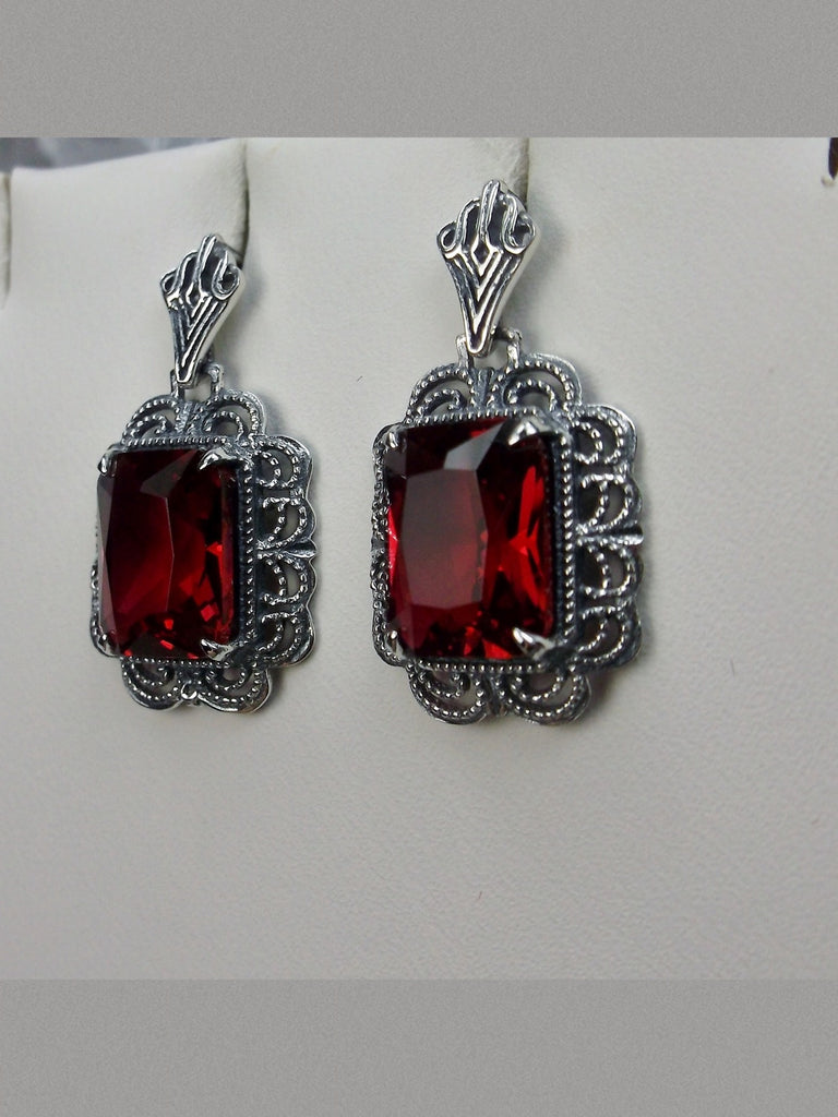 Ruby Earrings, Rectangle gemstones edged with fine lace filigree detail accenting the lovely red ruby colored stone, Red Ruby earrings