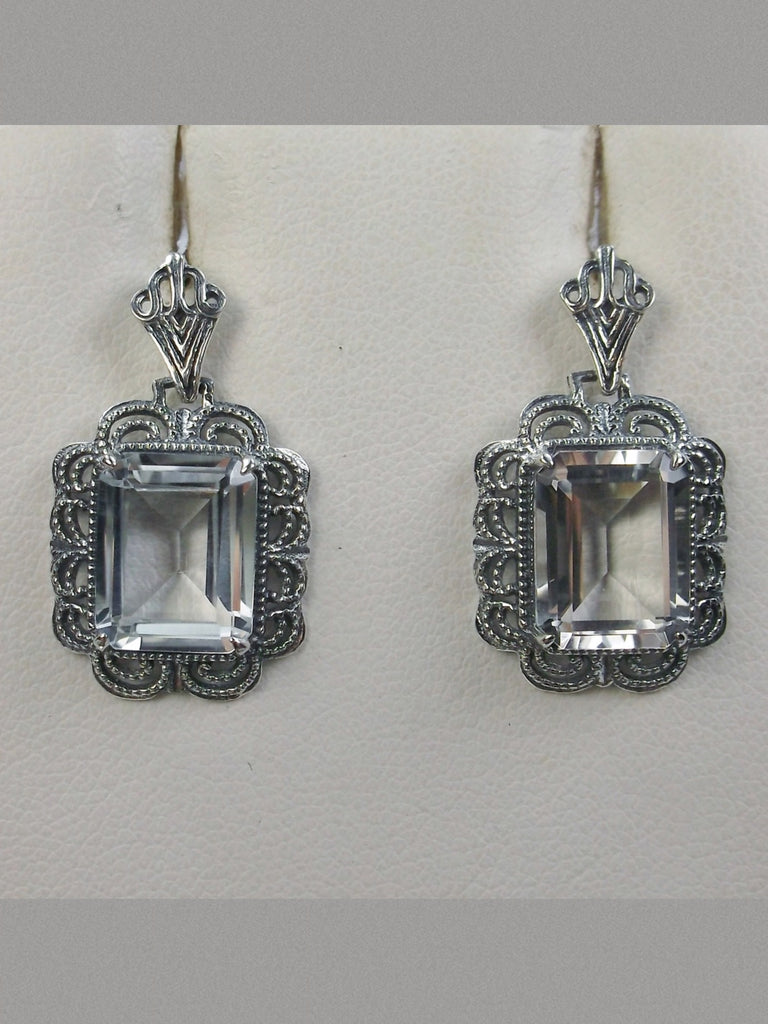 Natural White Topaz Earrings, Rectangle gemstones edged with fine lace filigree detail, Natural White Topaz earrings