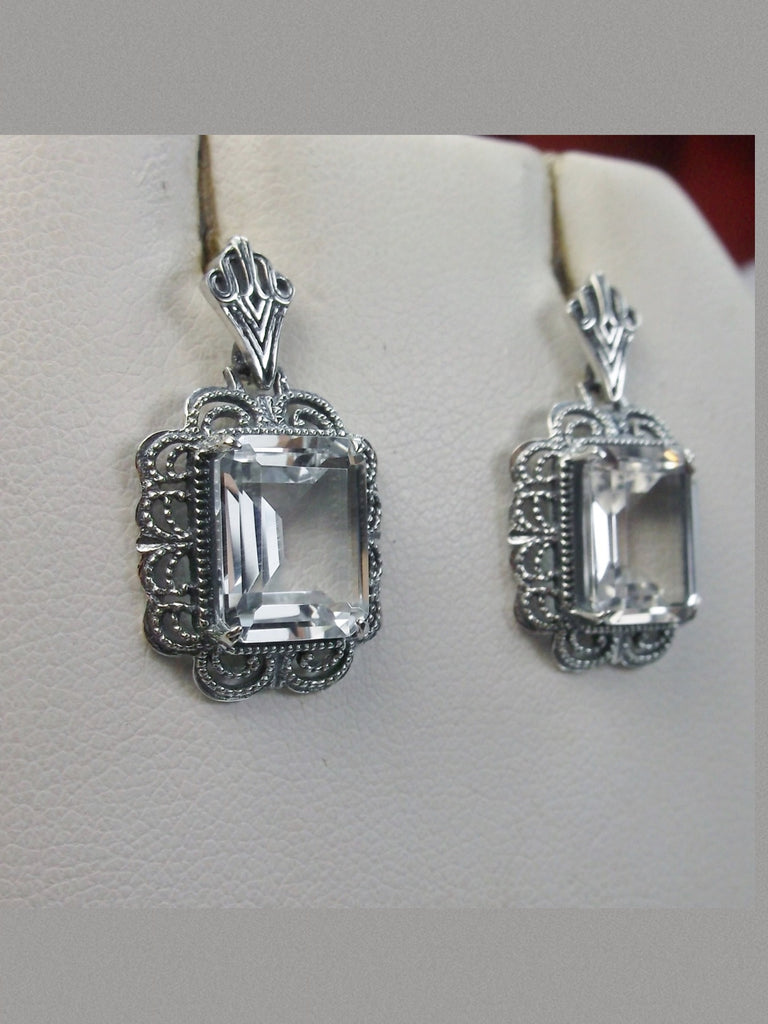 Natural White Topaz Earrings, Rectangle gemstones edged with fine lace filigree detail, Natural White Topaz earrings