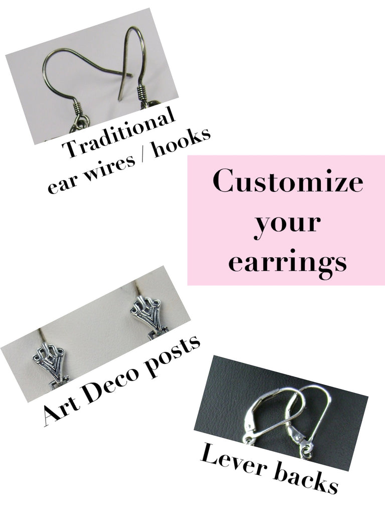 Earring closure choices: traditional ear wires (hooks), art deco posts, and lever-backs. 