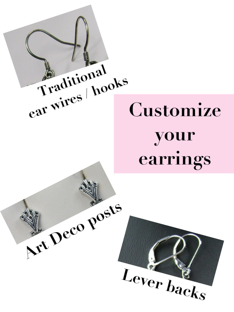 choice of earrings closure styles, Traditional ear wires, Art Deco posts, and lever-backs