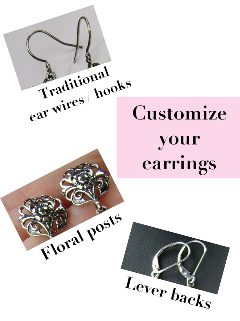 Customize your earring closure; choose between traditional ear wires/hooks, floral posts, or lever-backs