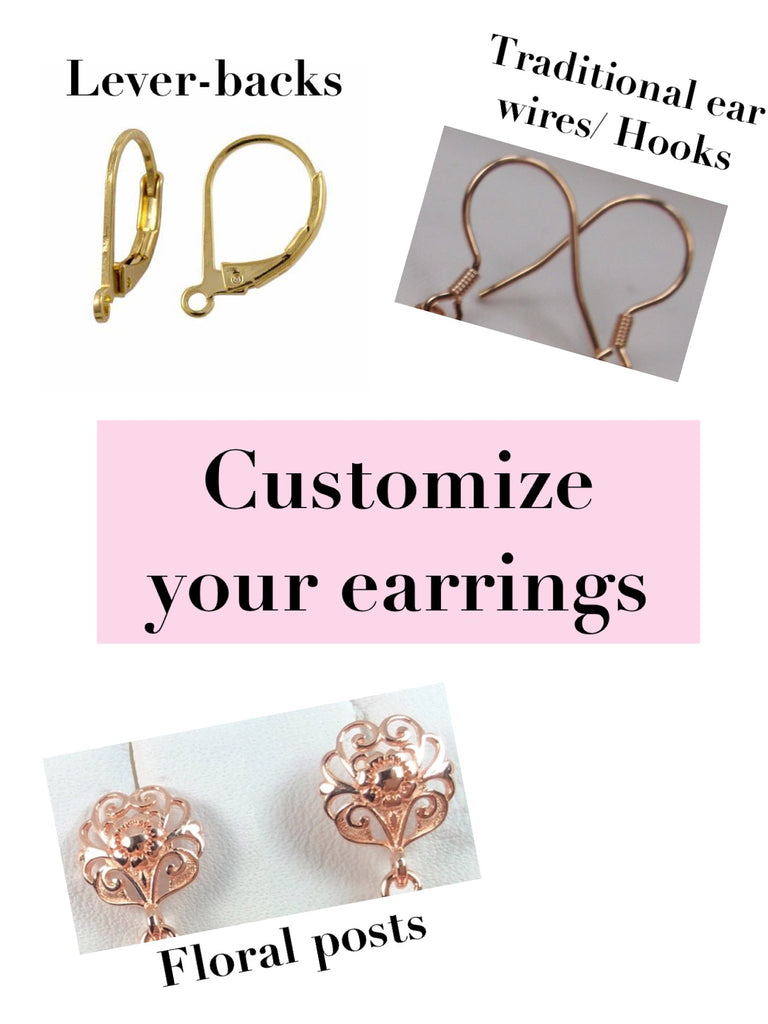 Customize earrings with choice of Lever-backs, traditional wires, and floral posts. 