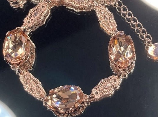 Peach Topaz Bracelet, Oval peach gemstones, Rose gold filigree, lobster claw clasp, Edwardian Jewelry