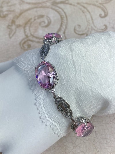 Pink Topaz Bracelet, sterling silver filigree, oval gemstones, lobster claw clasp, Edwardian Jewelry