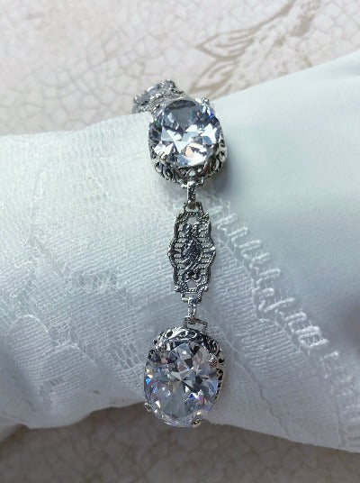 White CZ Bracelet, brilliant oval gems, fine sterling silver filigree, lobster claw clasp, Edwardian Jewelry
