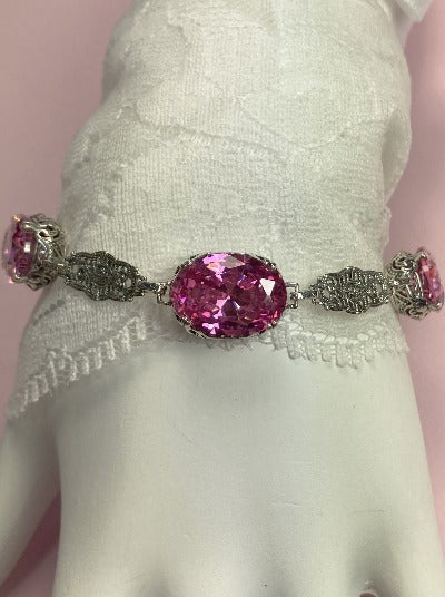 Pink CZ Bracelet, oval Pink cubic zirconia gemstones, sterling silver filigree, lobster claw clasp, Edwardian Jewelry