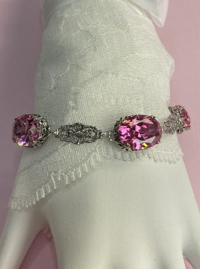 Pink CZ Bracelet, oval Pink cubic zirconia gemstones, sterling silver filigree, lobster claw clasp, Edwardian Jewelry