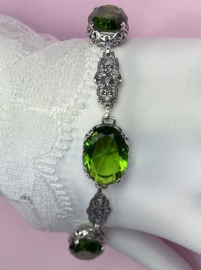 Peridot Sterling Silver Filigree Bracelet, Edwardian bracelet with oval green peridot stones, silver filigree and lobster claw clasp