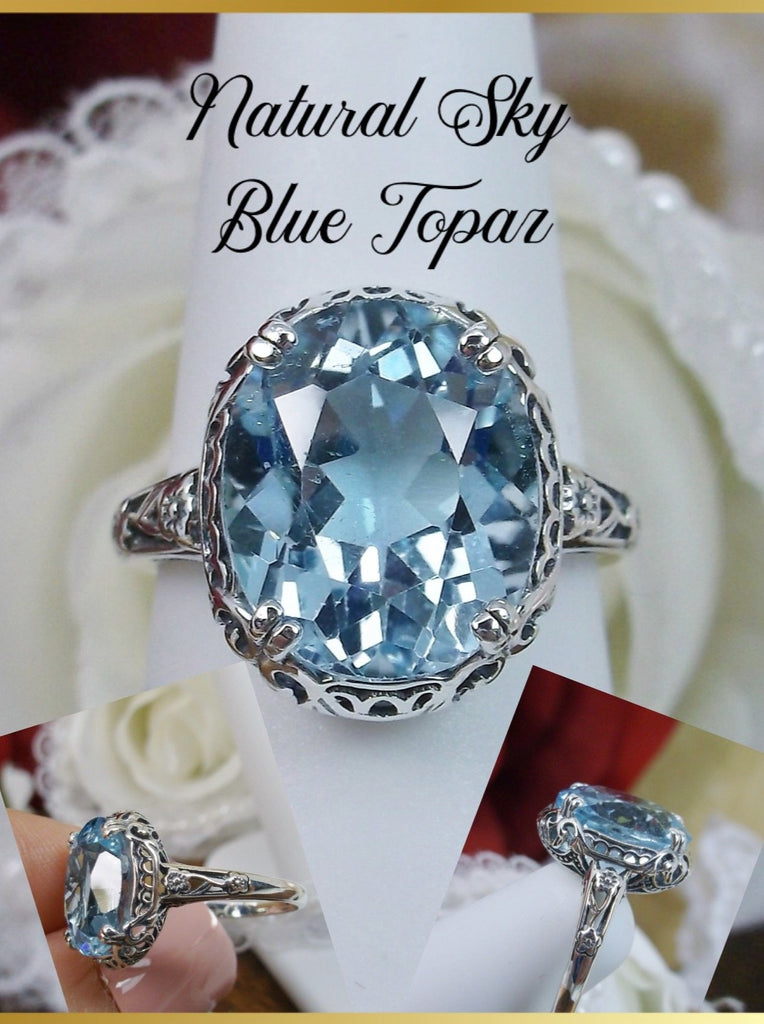Natural Sky Blue Topaz Ring, 4.5 carat oval faceted stone, sterling Silver floral filigree, Edward design #D70z, top, offset and side views