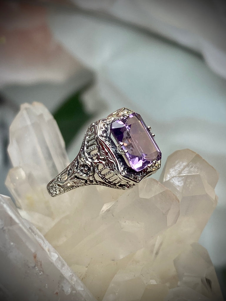 Purple Amethyst Ring, Lovely Rectangle, Victorian Jewelry, Sterling Silver Filigree, Silver Embrace Jewelry D148