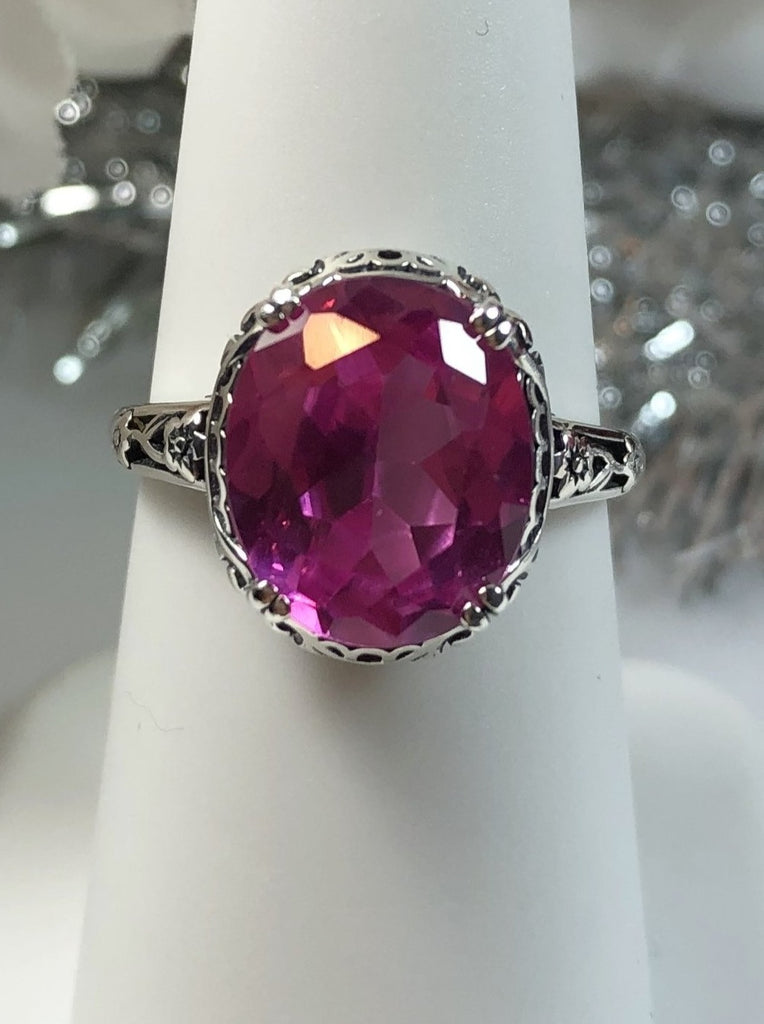 Natural Pink topaz Ring, 3.4 carat oval faceted gemstone, sterling silver floral filigree, Edward design #D70z, top view on ring form