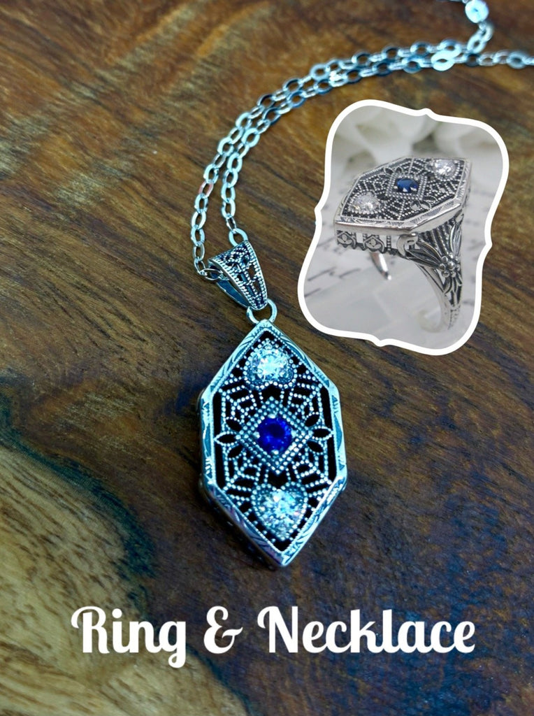 Pendant & Sapphire & White CZ Ring, 3 gems, Delicate Silver Web Filigree, Art Deco Jewelry D231