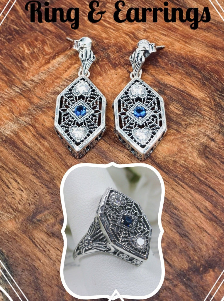 Earrings & Sapphire & White CZ Ring, 3 gems, Delicate Silver Web Filigree, Art Deco Jewelry D231