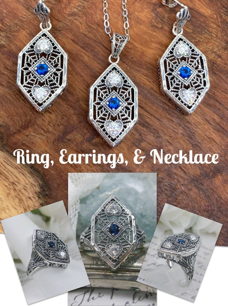 Earrings, Necklace, & Sapphire & White CZ Ring, 3 gems, Delicate Silver Web Filigree, Art Deco Jewelry D231