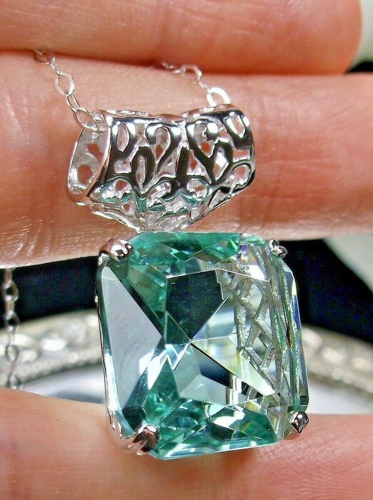 Aquamarine Pendant, Square gem, 20 carat, Basket sterling silver filigree, Art deco Jewelry, Vintage Jewelry, Silver Embrace Jewelry, P1