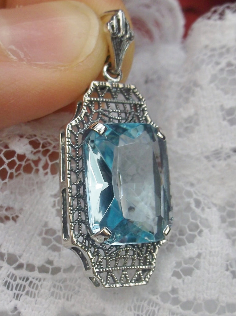 Blue Aquamarine Pendant, sterling silver filigree, 1930s Vintage style jewelry, Silver Embrace Jewelry P13