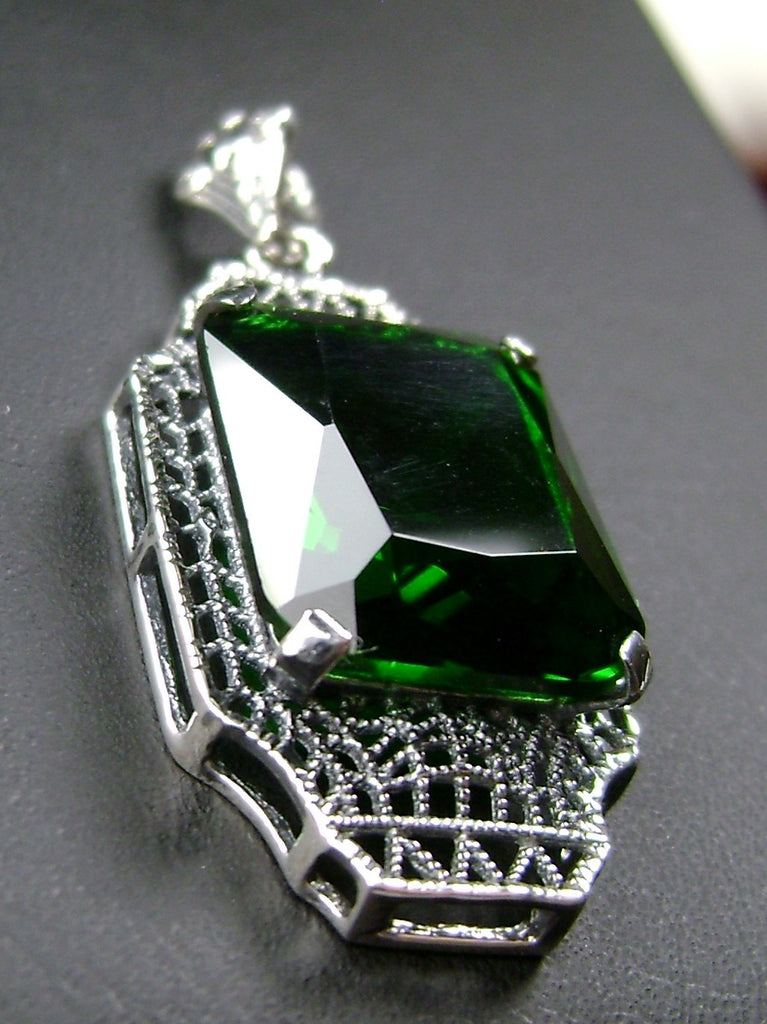 Green Emerald Pendant, sterling silver filigree, 1930s Vintage style jewelry, Silver Embrace Jewelry P13