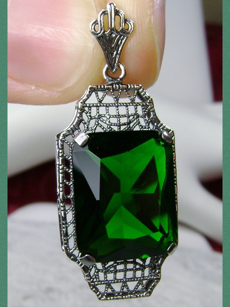 Green Emerald Pendant, sterling silver filigree, 1930s Vintage style jewelry, Silver Embrace Jewelry P13