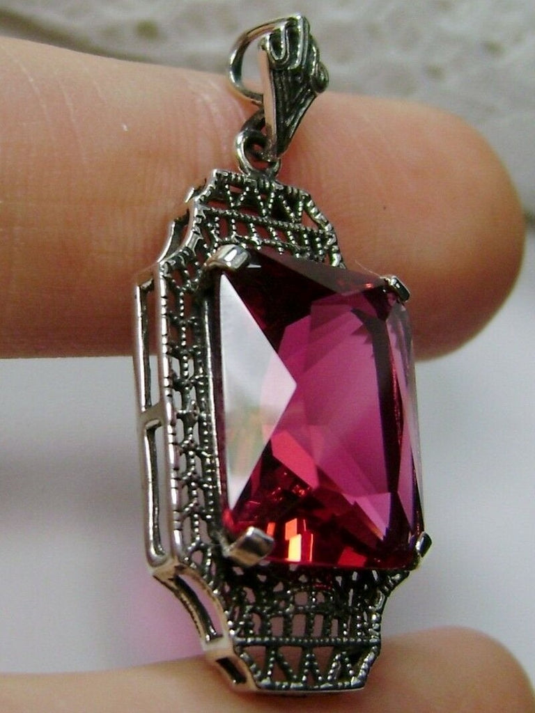 Red Ruby Pendant, sterling silver filigree, 1930s Vintage style jewelry, Silver Embrace Jewelry P13
