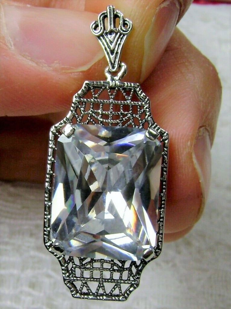 White Cubic Zirconia (CZ) Pendant, Art Deco style Jewelry, Sterling Silver Filigree, Silver Embrace Jewelry, Lantern, P13