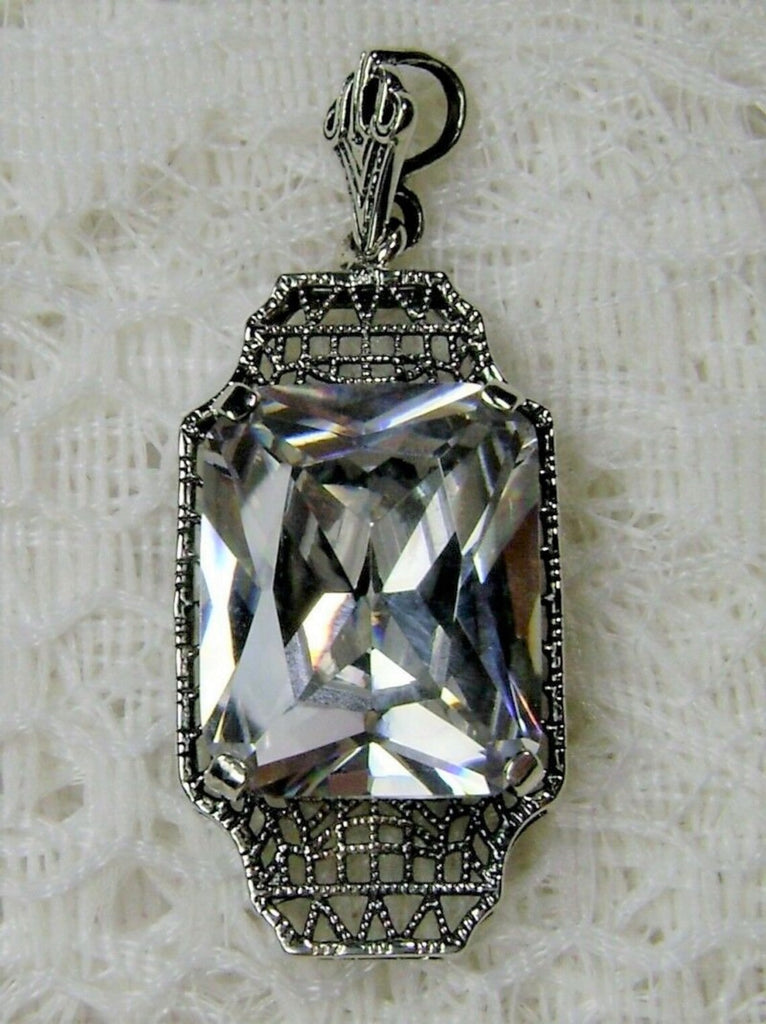 White Cubic Zirconia (CZ) Pendant, Art Deco style Jewelry, Sterling Silver Filigree, Silver Embrace Jewelry, Lantern, P13
