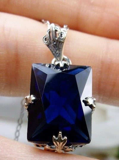 Blue Sapphire Pendant Necklace, GL Pendant, Art Deco Vintage Jewelry design, Rectangle Gemstone, Vintage Jewelry, Silver Filigree, Silver Embrace Jewelry, P15