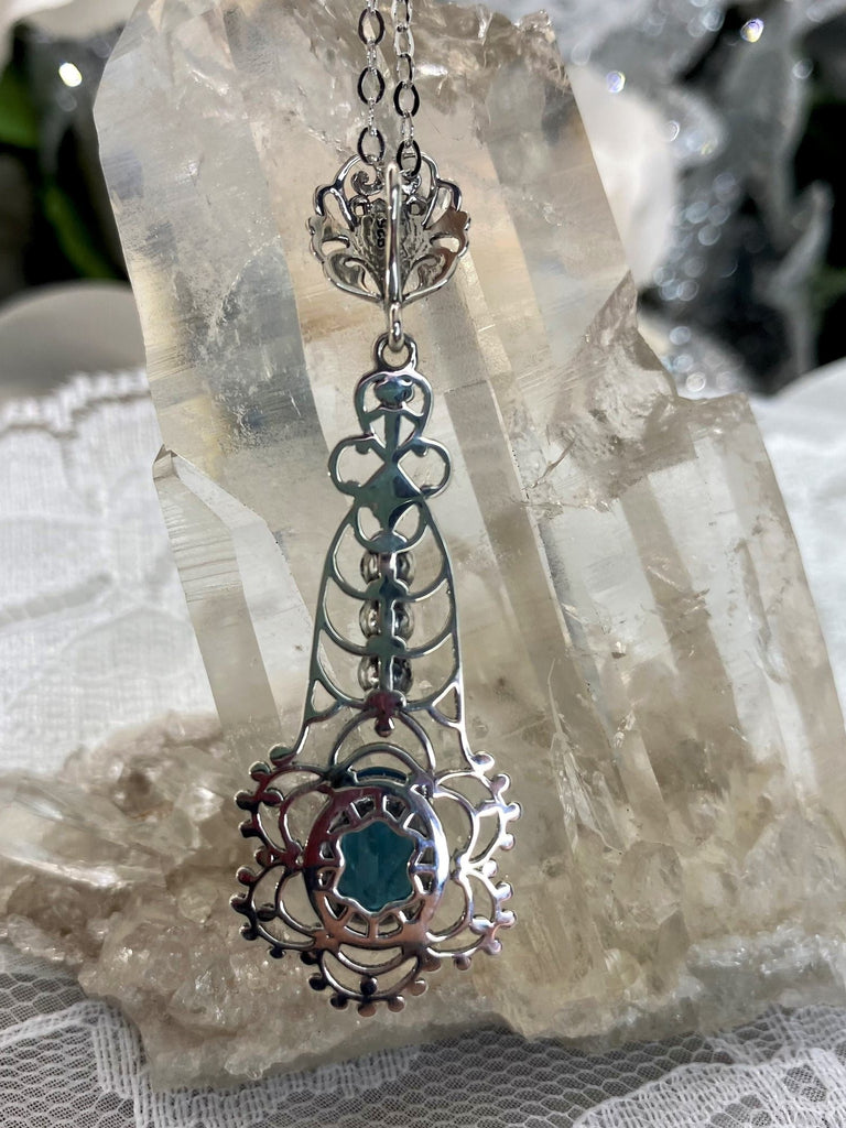 London Blue pendant, lavaliere design pendant with an oval stone set in a floral background of sterling silver filigree, three lovely seed pearls set above the focal gemstone suspended by a floral bail, Silver Embrace Jewelry