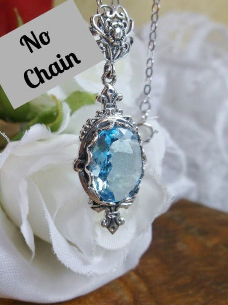 Sky Blue Aquamarine Pendant, Fleur de Lis filigree detail, oval gemstone, sterling silver vintage jewelry, Silver Embrace Jewelry, Pin Design#P18