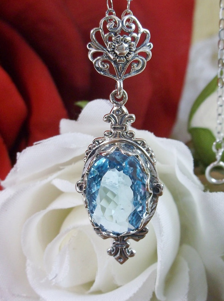 Sky Blue Aquamarine Pendant, Fleur de Lis filigree detail, oval gemstone, sterling silver vintage jewelry, Silver Embrace Jewelry, Pin Design#P18