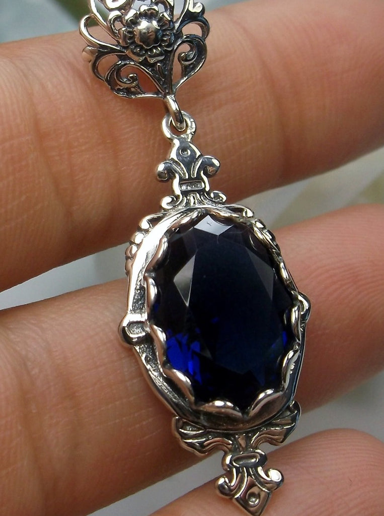 Blue Sapphire Pendant, Fleur de Lis filigree detail, oval gemstone, sterling silver vintage jewelry, Silver Embrace Jewelry, Pin Design#P18
