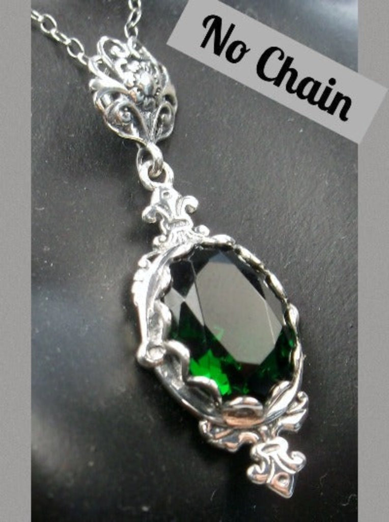 Green Emerald Pendant, Fleur de Lis filigree detail, oval gemstone, sterling silver vintage jewelry, Silver Embrace Jewelry, Pin Design#P18