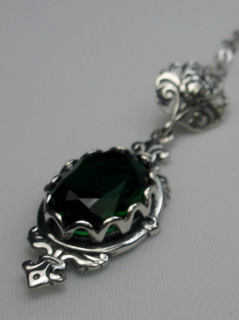 Green Emerald Pendant, Fleur de Lis filigree detail, oval gemstone, sterling silver vintage jewelry, Silver Embrace Jewelry, Pin Design#P18