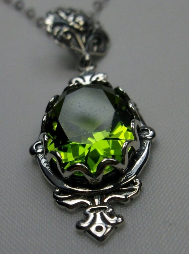 Green Peridot Pendant, Fleur de Lis filigree detail, oval gemstone, sterling silver vintage jewelry, Silver Embrace Jewelry, Pin Design#P18