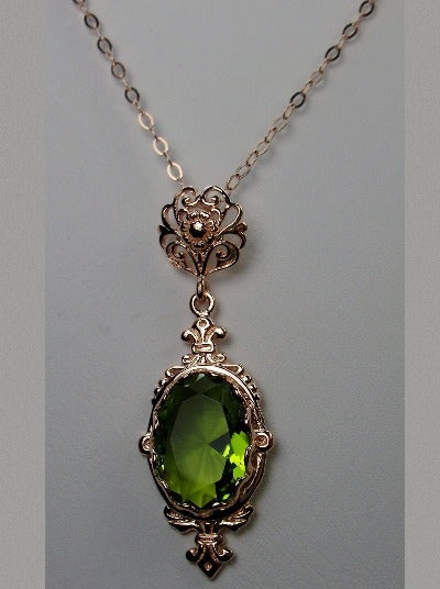 Green Peridot Pendant, Rose Gold plated sterling silver, Fleur de Lis filigree detail, oval gemstone, sterling silver vintage jewelry, Silver Embrace Jewelry, Pin Design#P18