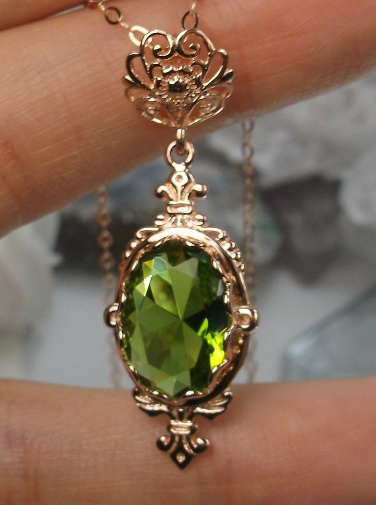 Green Peridot Pendant, Rose Gold plated sterling silver, Fleur de Lis filigree detail, oval gemstone, sterling silver vintage jewelry, Silver Embrace Jewelry, Pin Design#P18