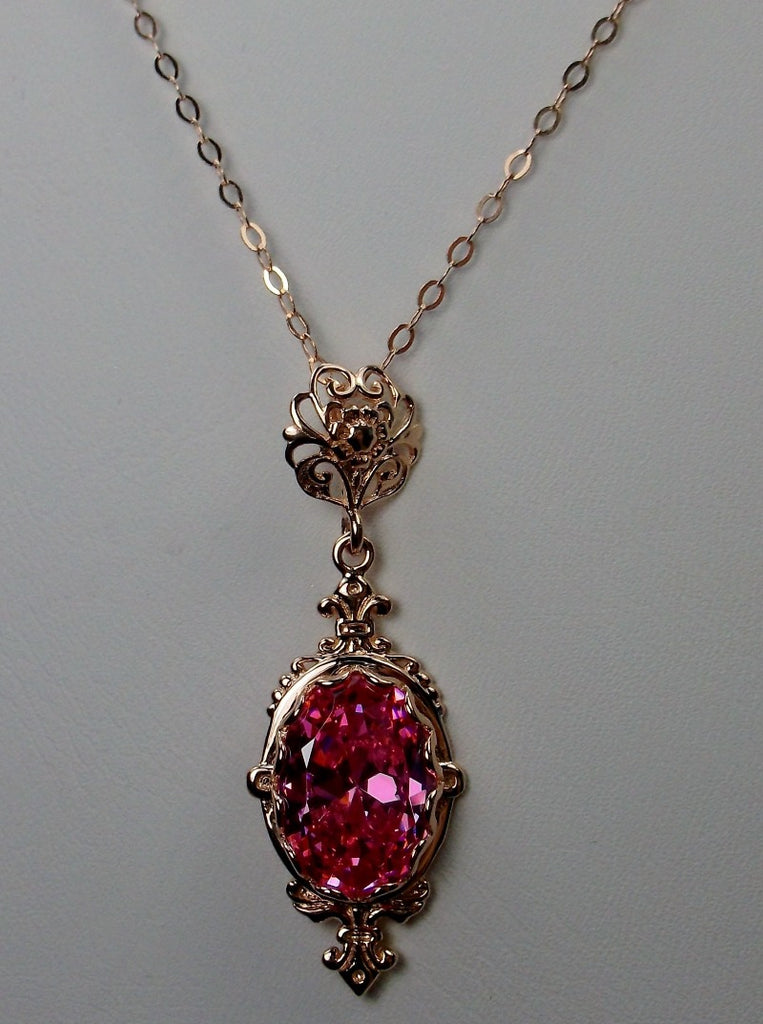 Pink CZ Pendant, Rose gold plated sterling silver, Fleur de Lis filigree detail, oval gemstone, sterling silver vintage jewelry, Silver Embrace Jewelry, Pin Design#P18