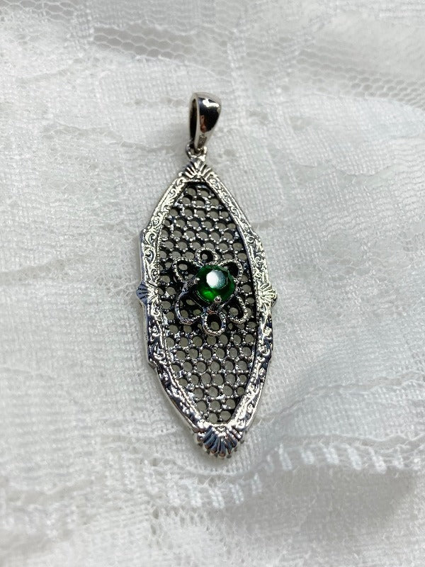 Green Emerald Flower Star Pendant, Sterling Silver Filigree, Round Gemstone, Vintage Jewelry, Silver Embrace Jewelry, P20