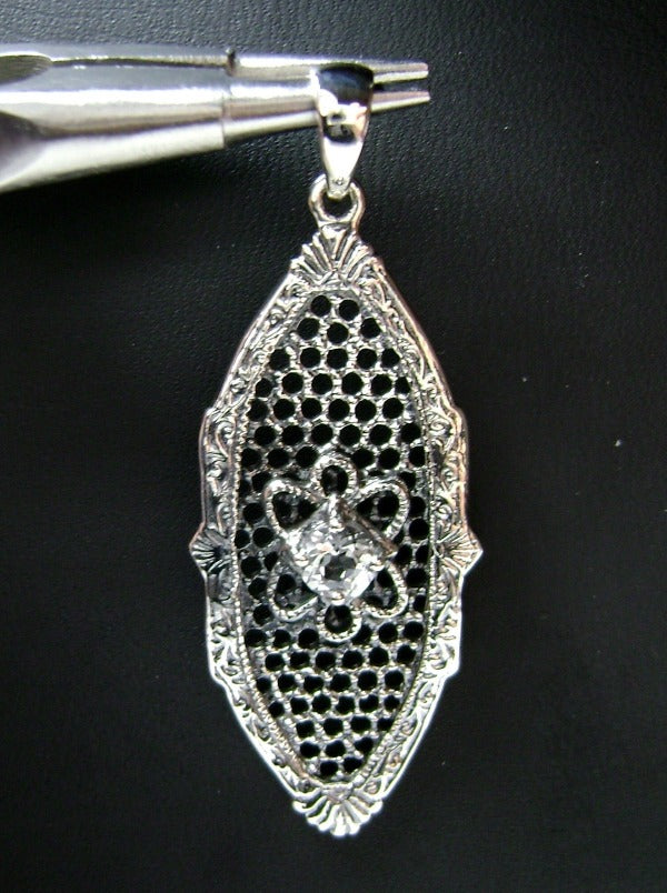 White Topaz Flower Star Pendant, Sterling Silver Filigree, Round Gemstone, Vintage Jewelry, Silver Embrace Jewelry, P20