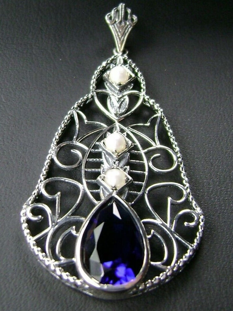 Blue Sapphire Vintage style Teardrop Lavalier Pendant Necklace, sterling silver filigree, teardrop gemstone, victorian jewelry, Silver Embrace Jewelry P22