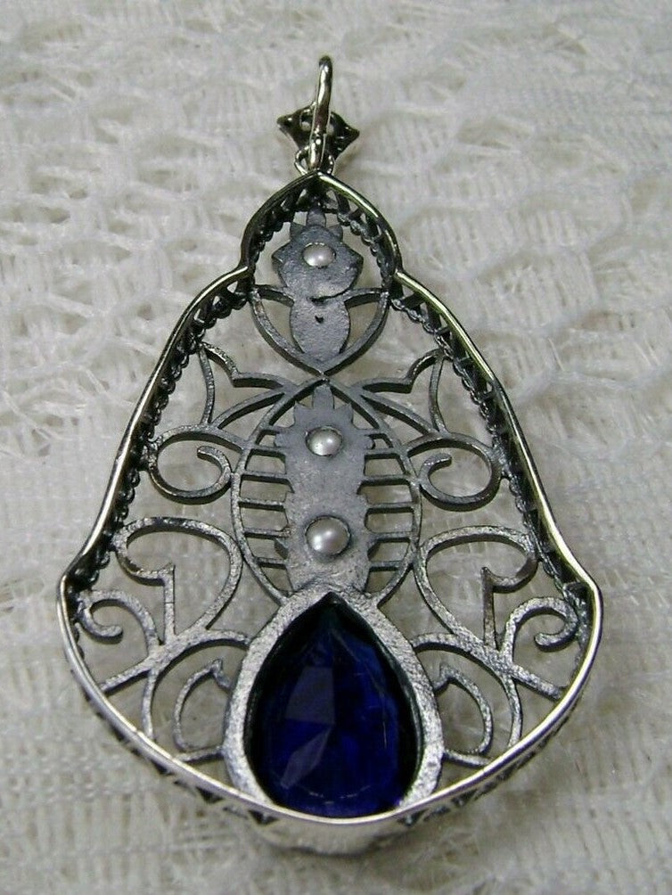Blue Sapphire Pendant, Lavalier Necklace, sterling silver filigree, teardrop gemstone, victorian jewelry, Silver Embrace Jewelry P22