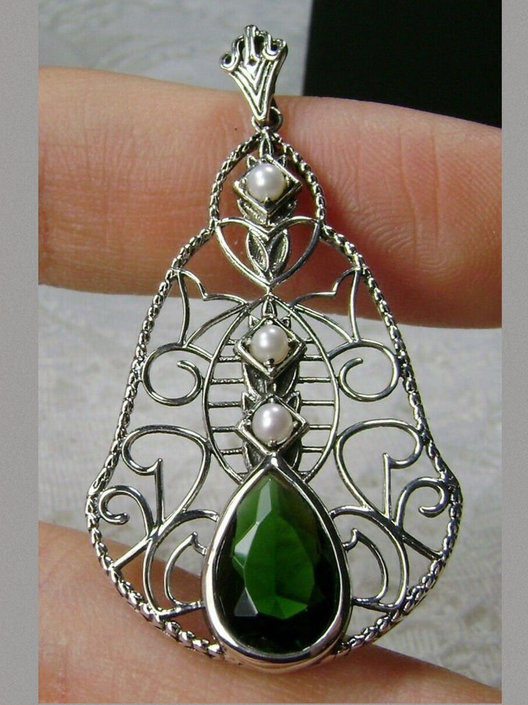 Green Emerald Pendant, Lavalier Necklace, sterling silver filigree, teardrop gemstone, victorian jewelry, Silver Embrace Jewelry P22