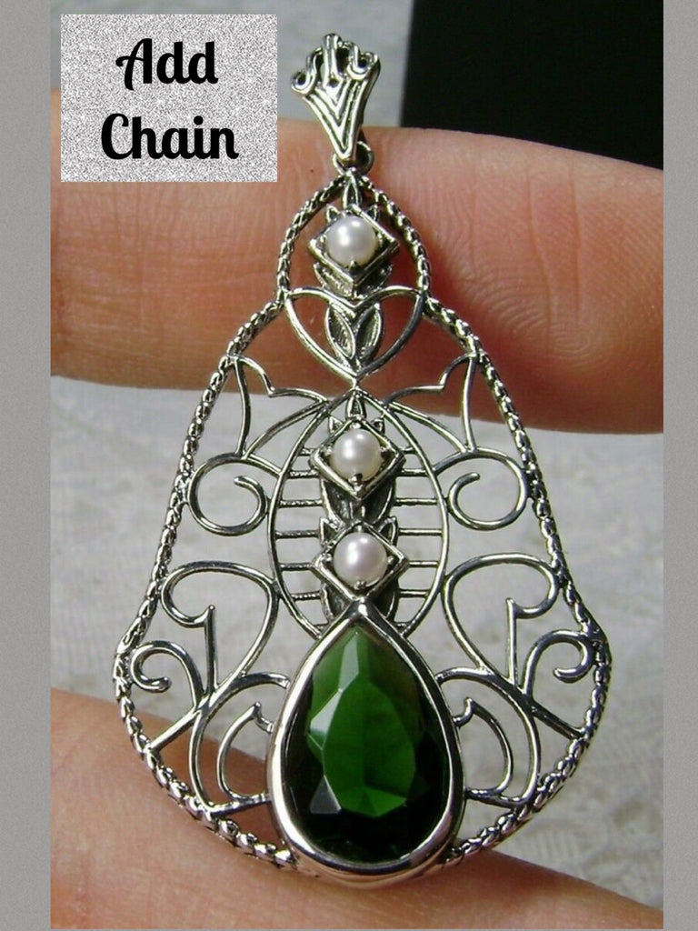 Green Emerald Vintage style Teardrop Lavalier Pendant Necklace, sterling silver filigree, teardrop gemstone, victorian jewelry, Silver Embrace Jewelry P22