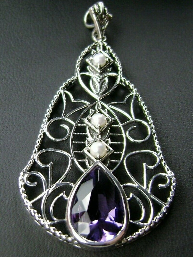 Purple Amethyst Pendant, Lavalier Necklace, sterling silver filigree, teardrop gemstone, victorian jewelry, Silver Embrace Jewelry P22