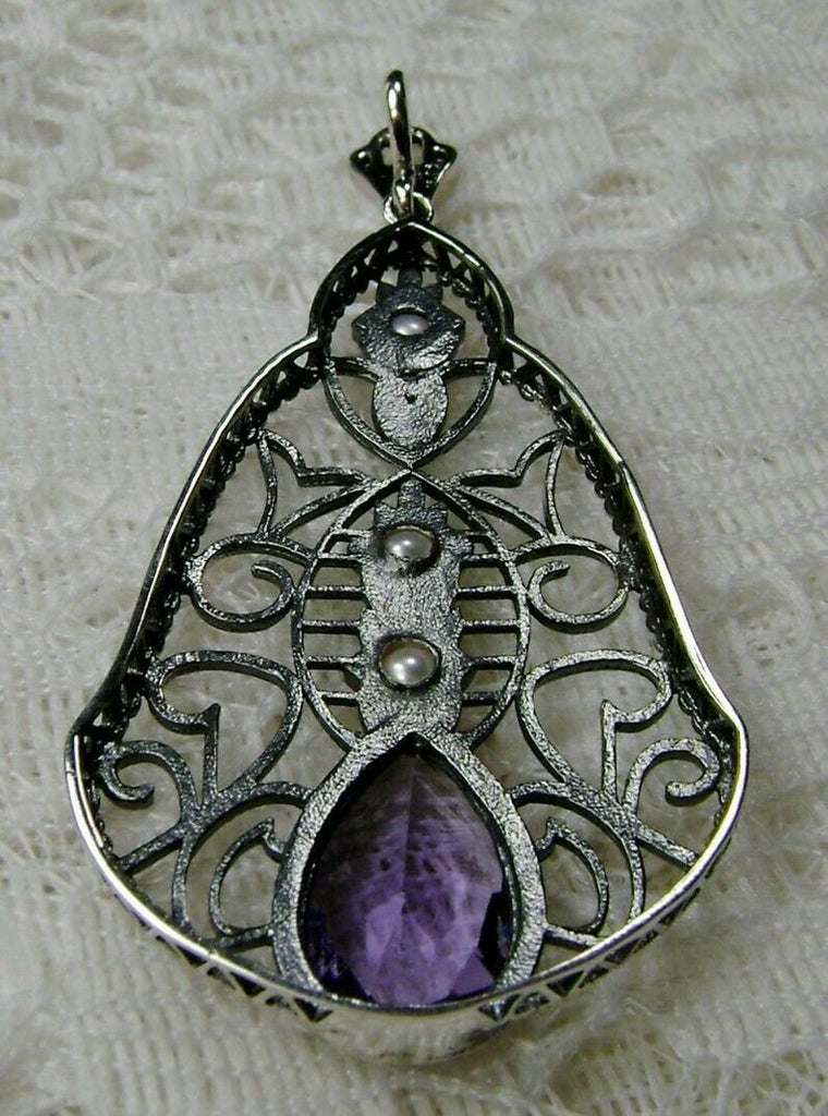 Purple Amethyst Pendant, Lavalier Necklace, sterling silver filigree, teardrop gemstone, victorian jewelry, Silver Embrace Jewelry P22