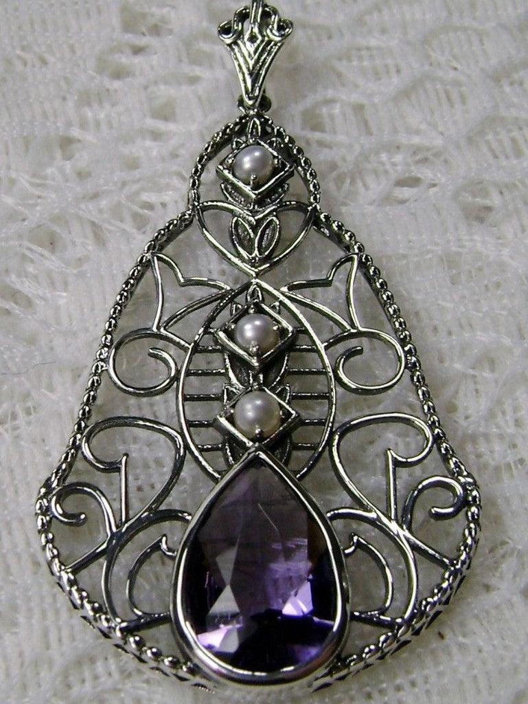 Purple Amethyst Pendant, Lavalier Necklace, sterling silver filigree, teardrop gemstone, victorian jewelry, Silver Embrace Jewelry P22