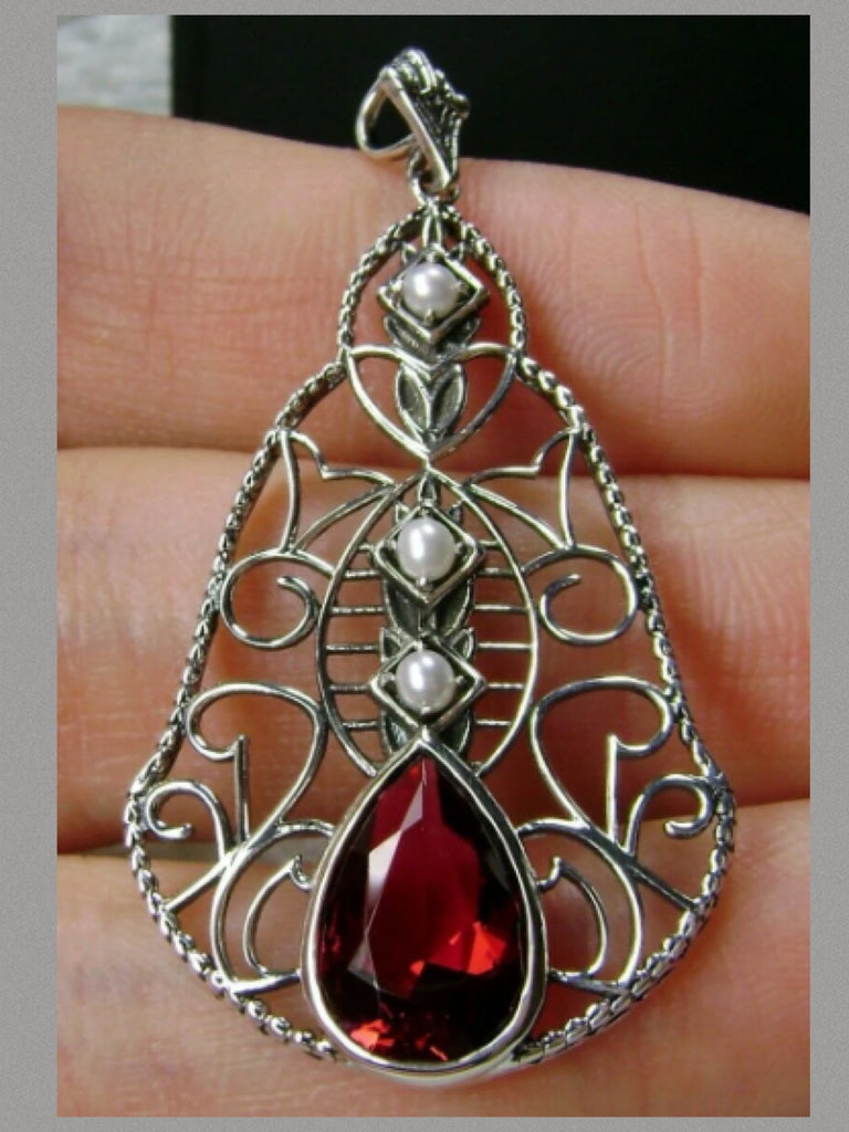 Red Ruby Pendant, Lavalier Necklace, sterling silver filigree, teardrop gemstone, victorian jewelry, Silver Embrace Jewelry P22